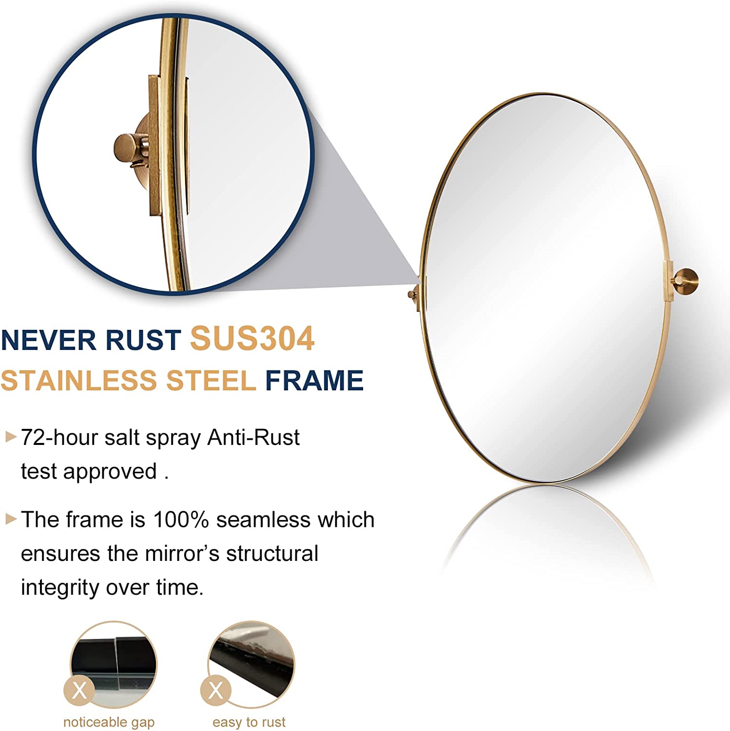 Oval Pivot Mirrors Adjustable Tilting Angle Floating Bathroom Mirror| Stainless Steel Framed