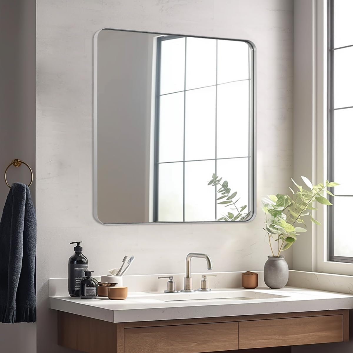 Open Box Like New : Modern Rounded Rectangle Mirror for Bathroom/ Vanity/ Wall | Stainless Steel Frame