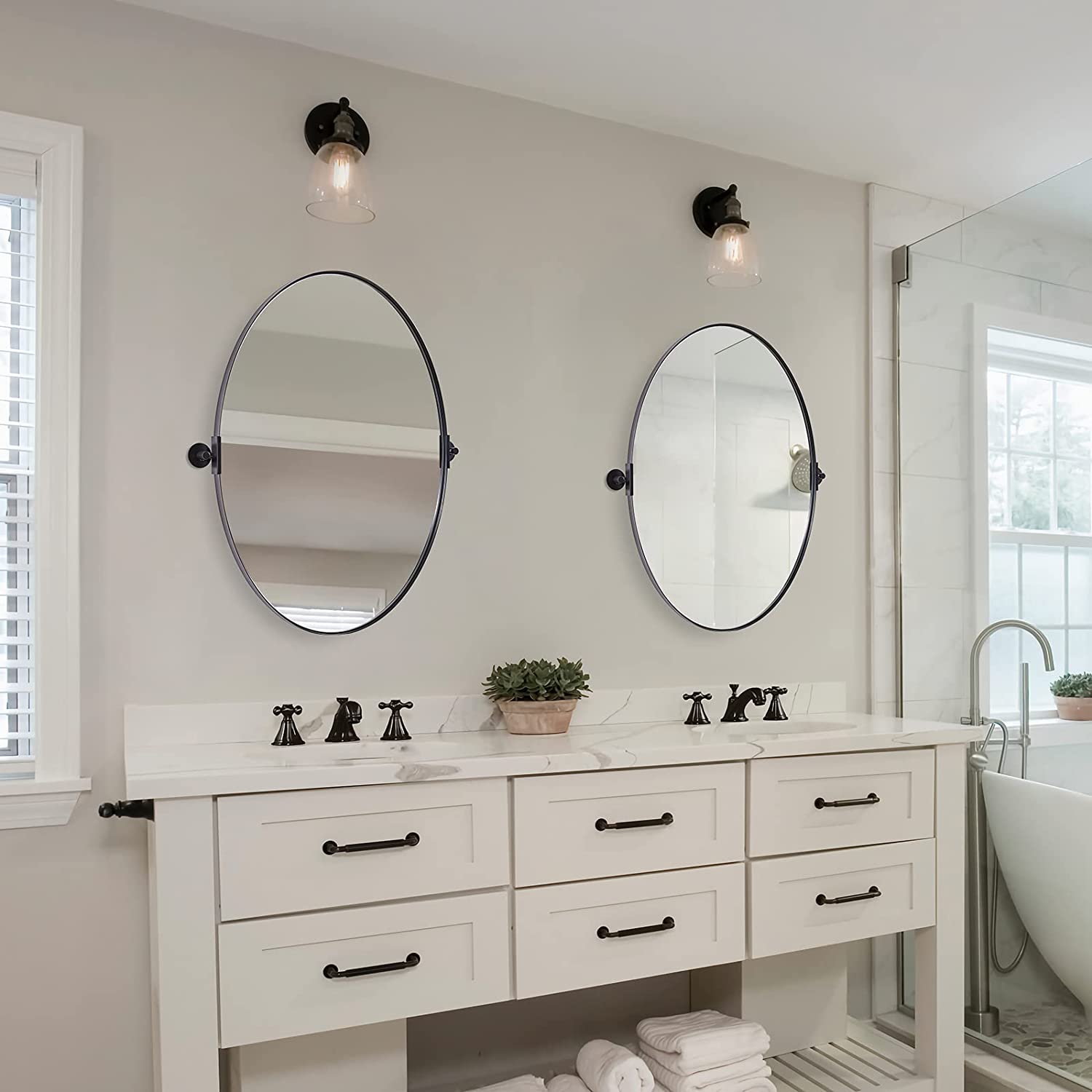 Oval Pivot Mirrors Adjustable Tilting Angle Floating Bathroom Mirror| Stainless Steel Framed
