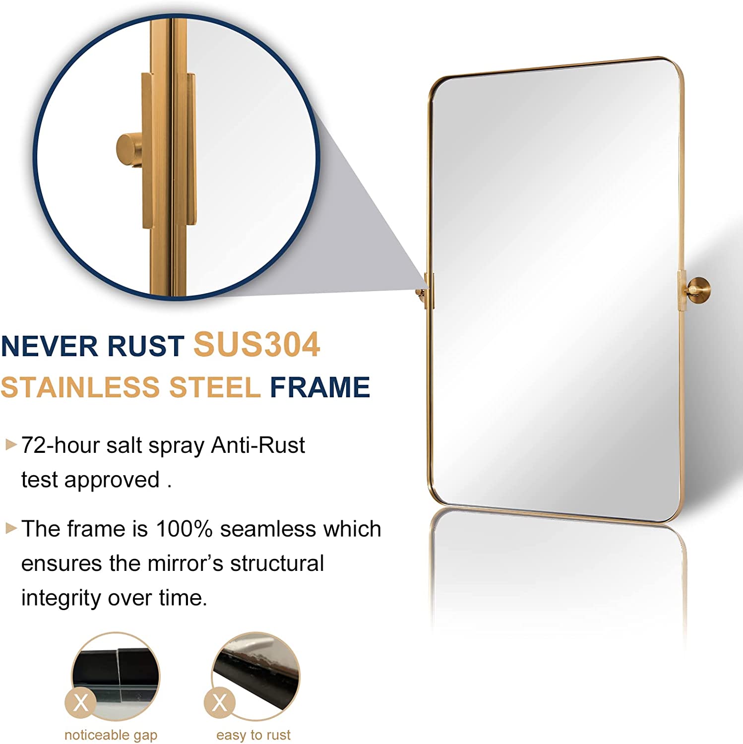 Tilting Rectangular Pivot Mirror for Bathroom/Vanity | Stainless Steel Frame