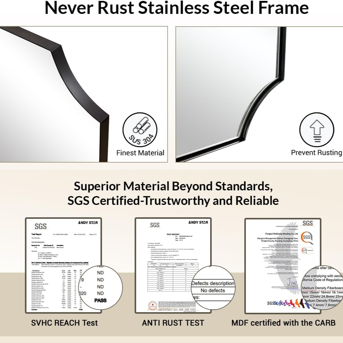 Open Box Like New : Notched Corner Irregular Scalloped Rectangle Mirrors | Stainless Steel Farme