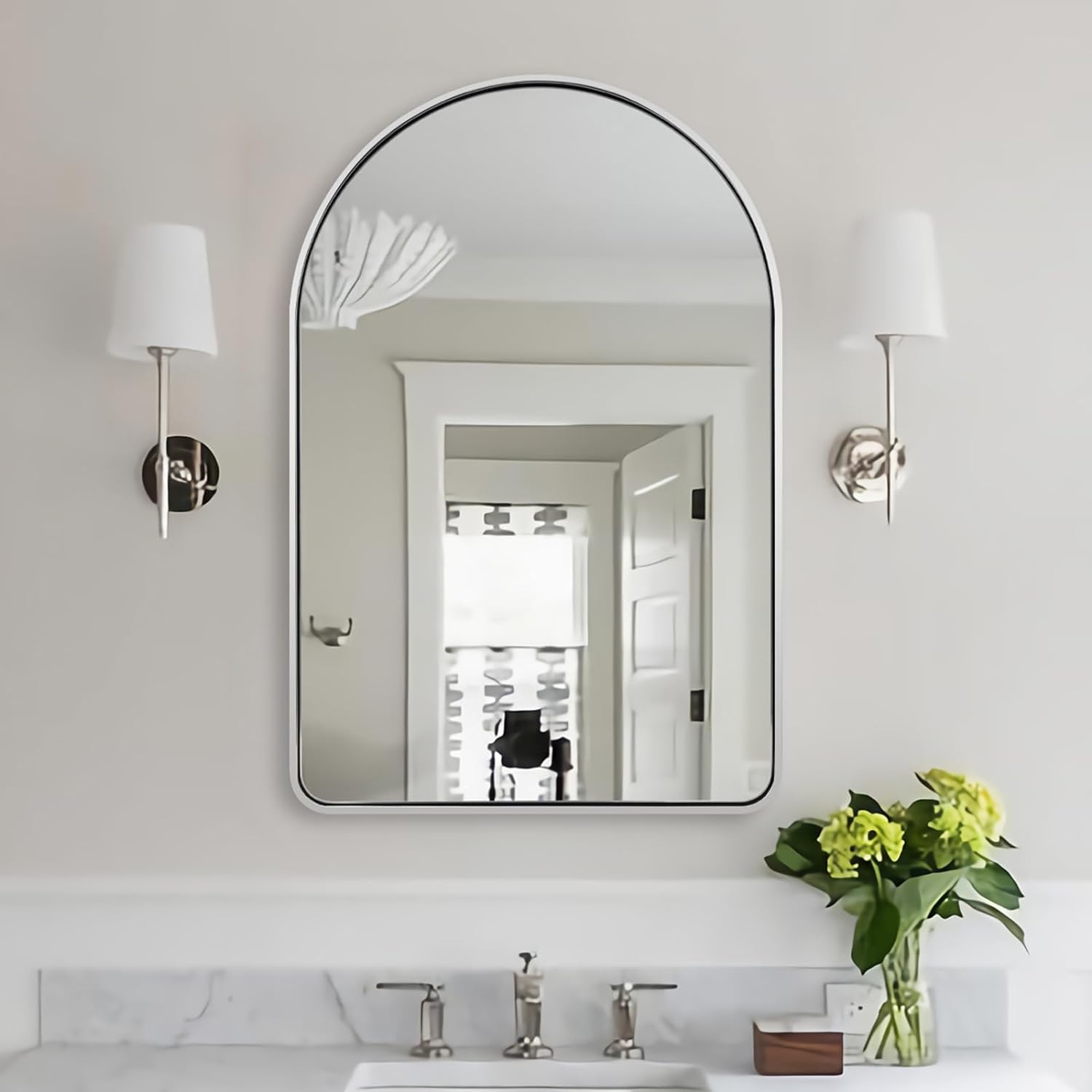 Contemporary Bold Stainless Steel Framed Arched Wall Mirrors for Bathroom, Living Room, Entry