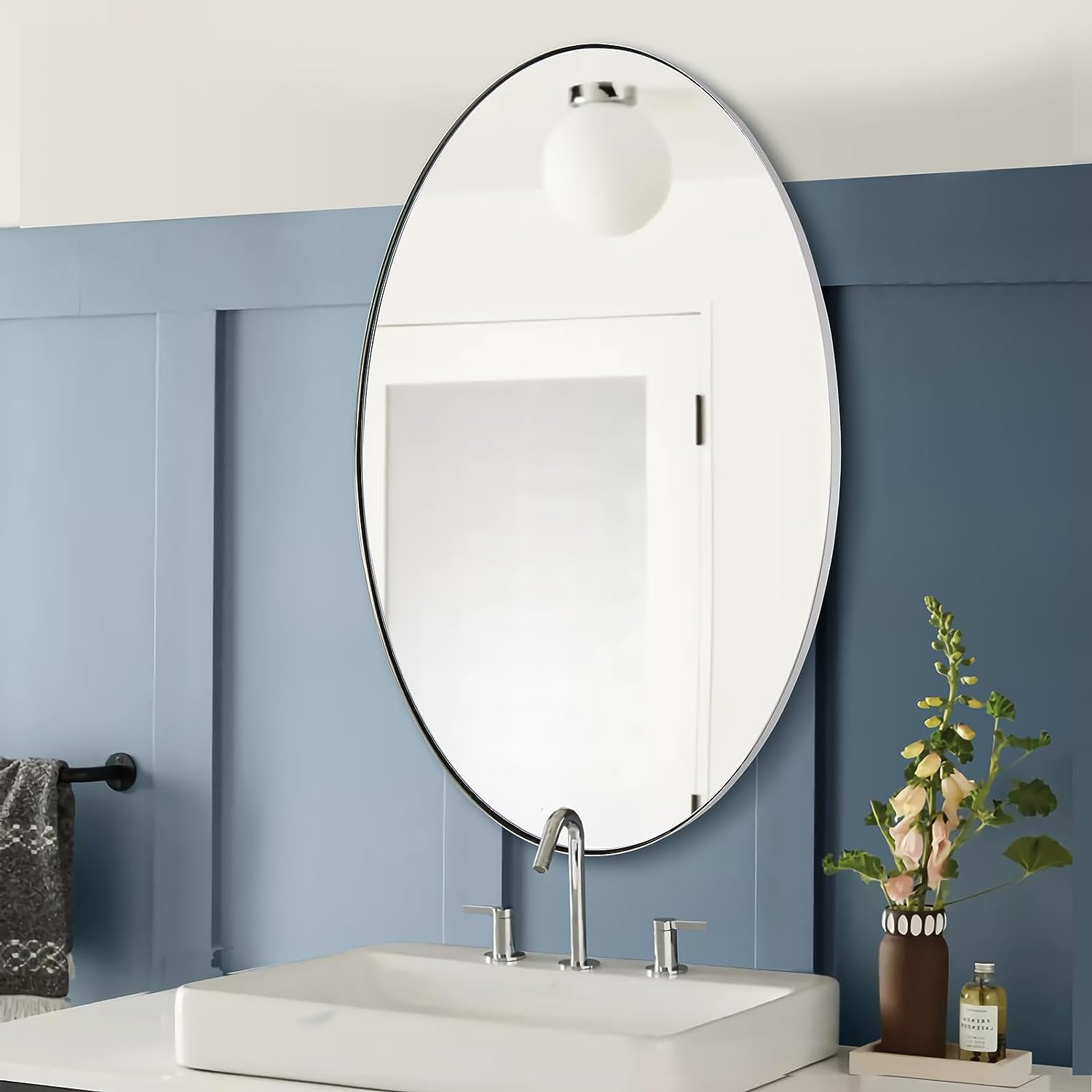 Modern Oval Wall Mounted Mirror for Bathroom Living Room | Stainless Steel Framed
