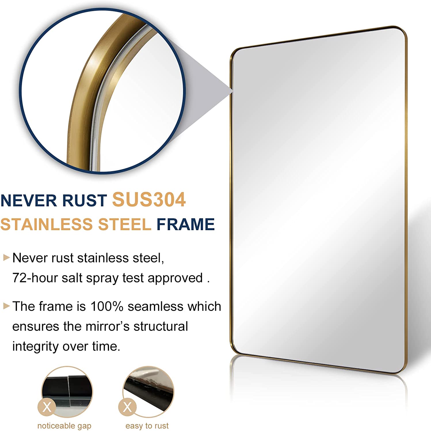 Modern Brushed Gold Rectangle Bathroom/ Vanity Mirrors with Stainless Steel Frame