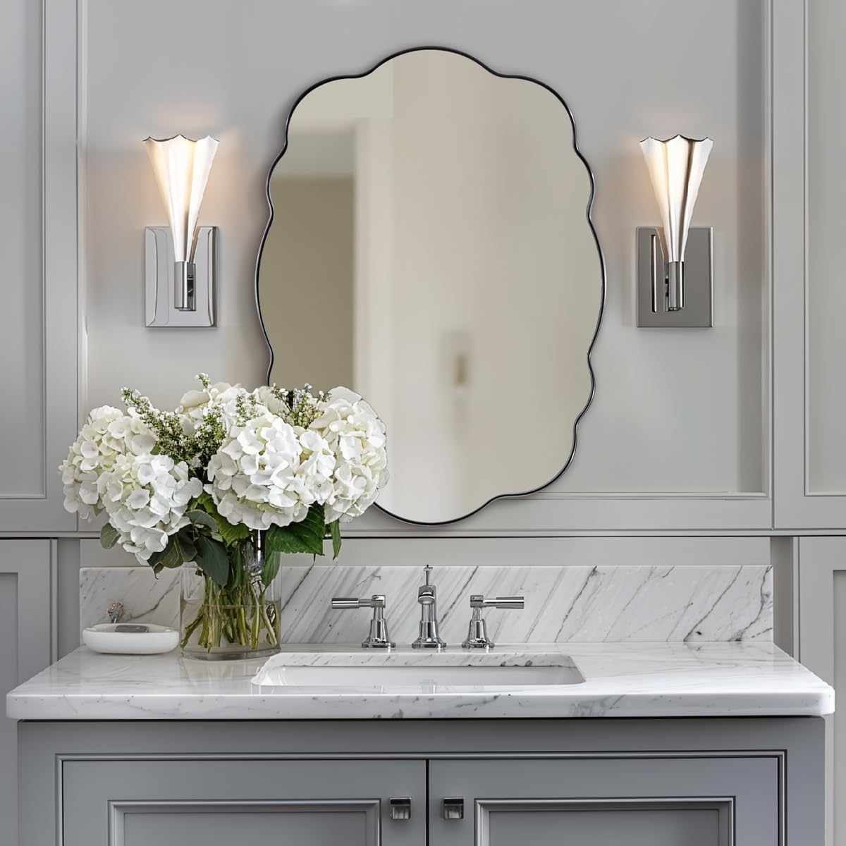 Contemporary Wavy Oval Scalloped Bathroom Vanity Mirror Irregular Decorative Mirror| Stainless Steel Framed
