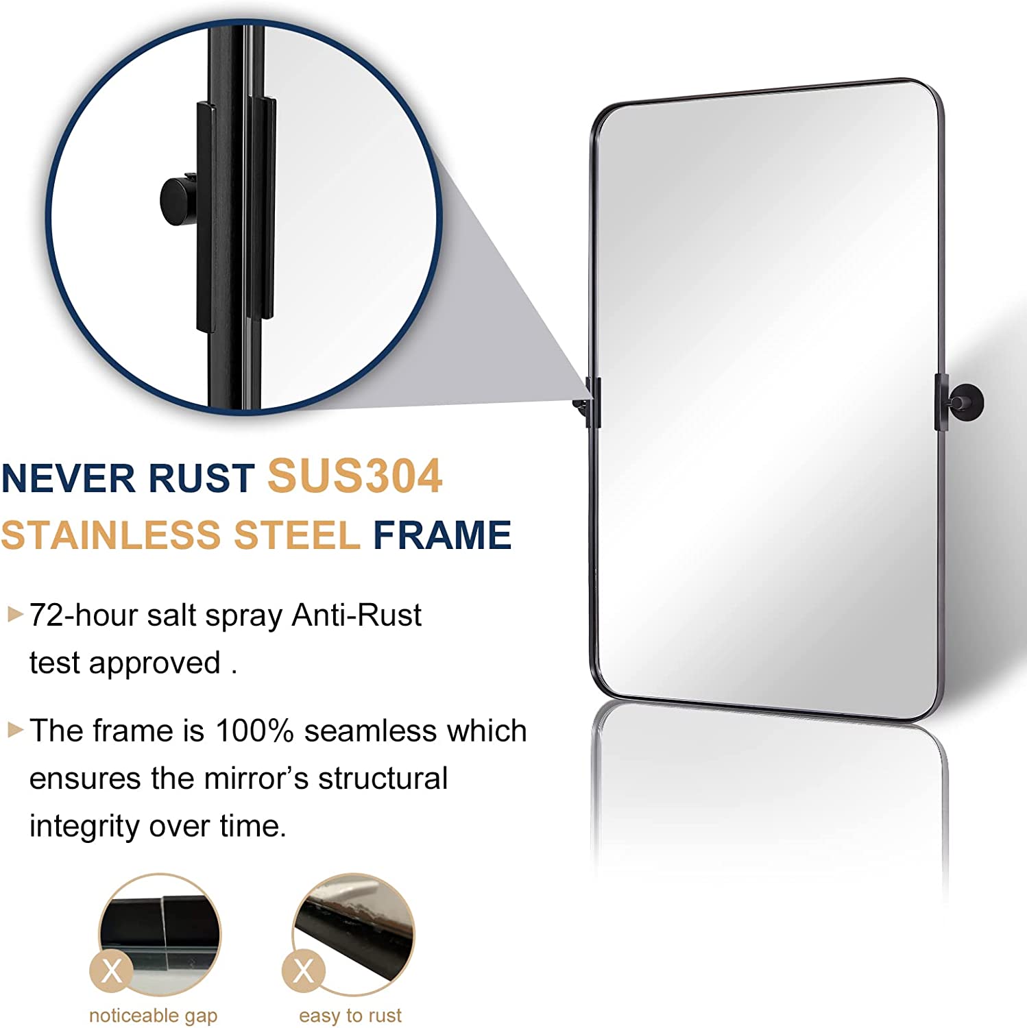 Tilting Rectangular Pivot Mirror for Bathroom/Vanity Floating Mirror | Stainless Steel Frame