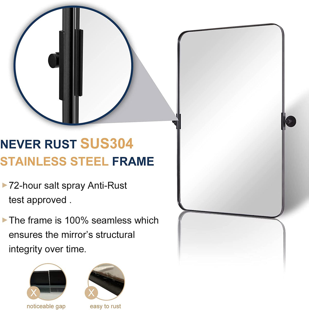 MOON MIRROR Matte Black Pivot Tilt Rectangle Bathroom/ Vanity Mirrors | Stainless Steel Frame