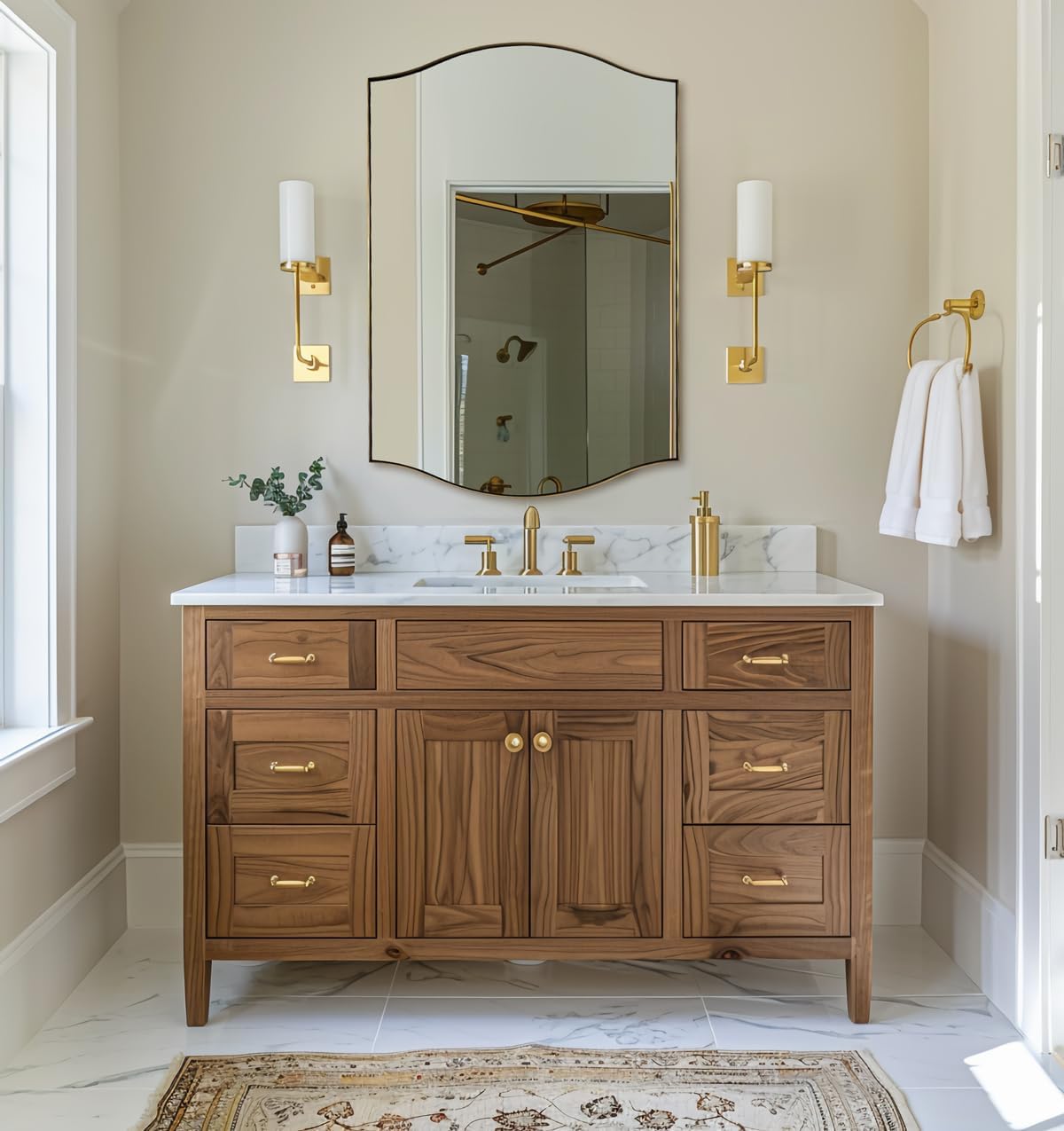 Dual Curve Arch Rectangular Scalloped Bathroom Wall Mirror |Stainless Steel Framed