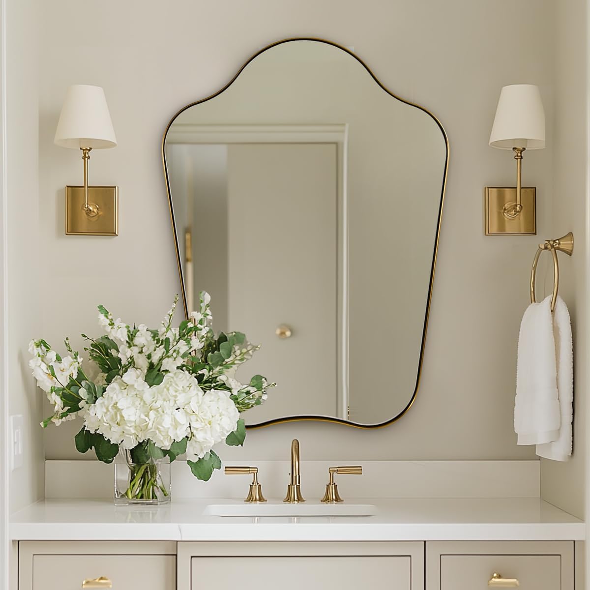 Contemporary Dual Arch Wall Mirror Irregular Scalloped Bathroom Mirror | Stainless Steel Frame