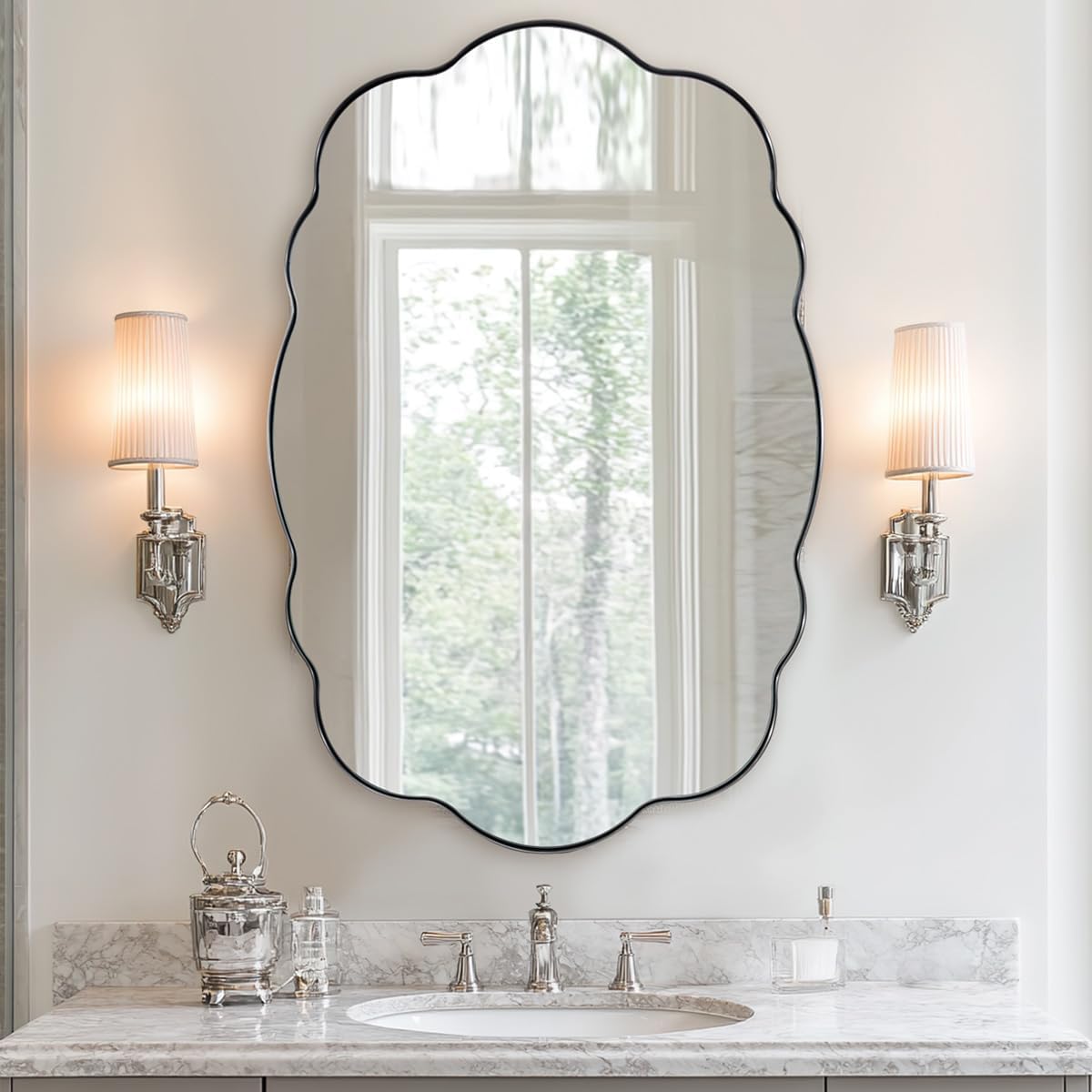 Open Box Like New:Contemporary Wavy Oval Scalloped Bathroom Vanity Mirror | Stainless Steel Framed