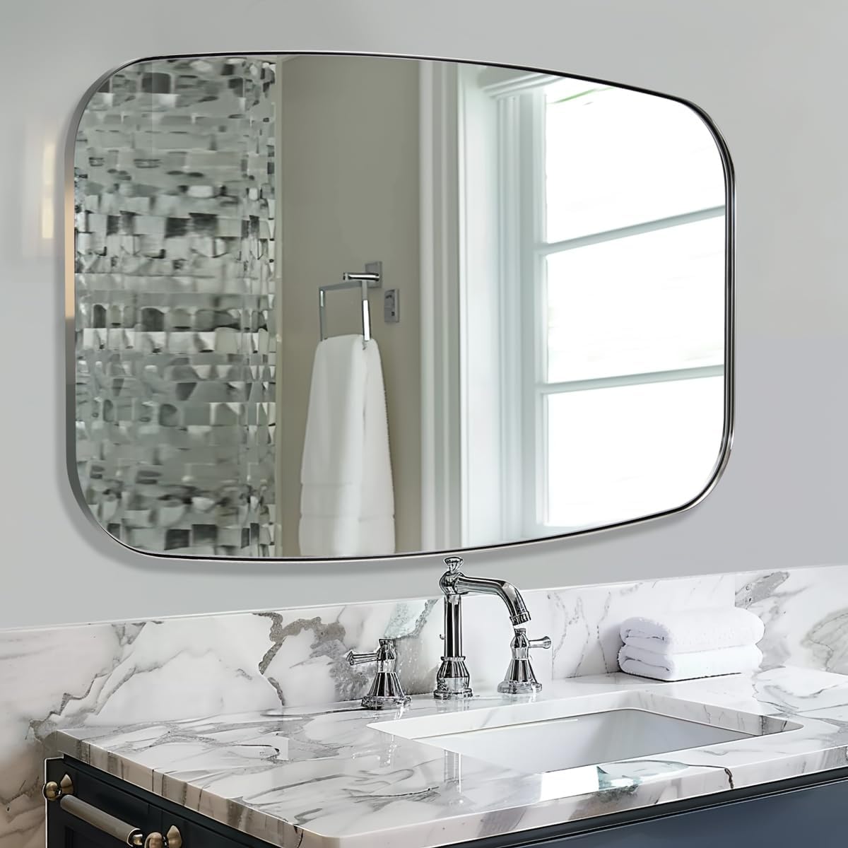 Modern Oval Oblong Bathroom Vanity Mirror | Stainless Steel Frame
