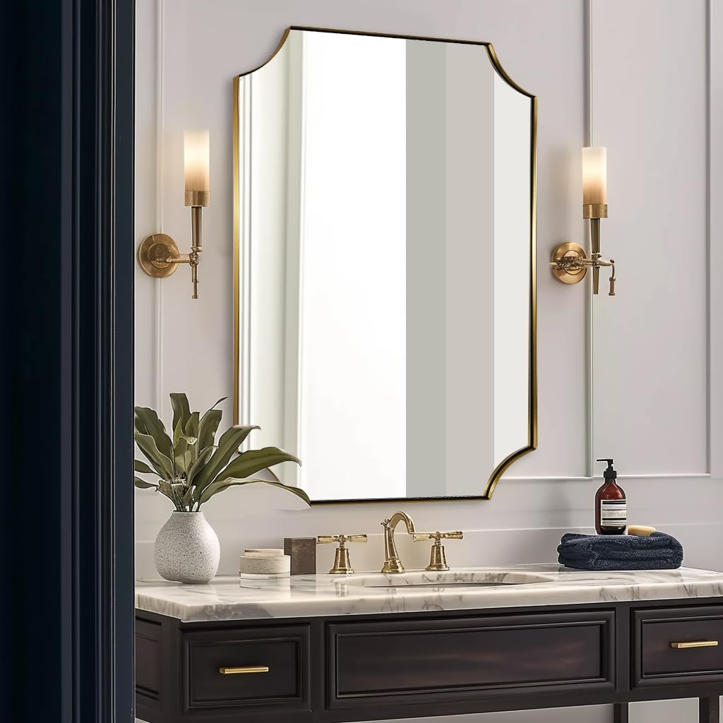 Contemporary Notched Corner Scalloped Rectangle Bathroom Vanity Mirror | Stainless Steel Frame