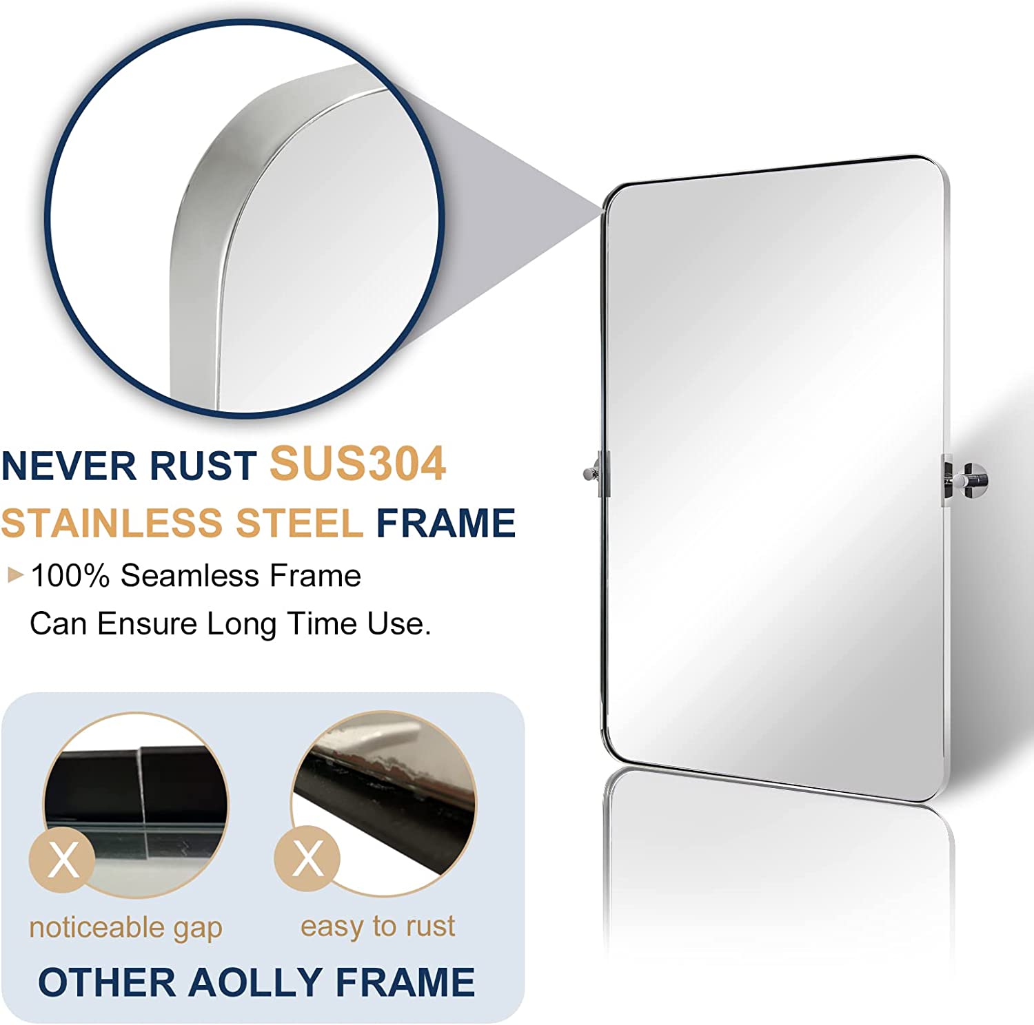 Tilting Rectangular Pivot Mirror for Bathroom/Vanity | Stainless Steel Frame