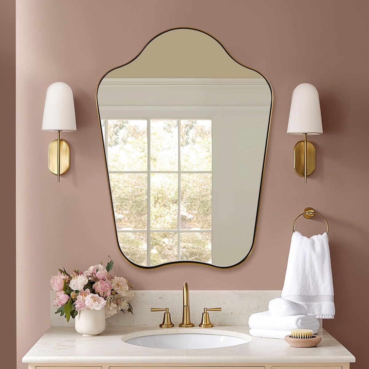 Contemporary Dual Arch Wall Mirror Irregular Scalloped Bathroom Mirror | Stainless Steel Frame