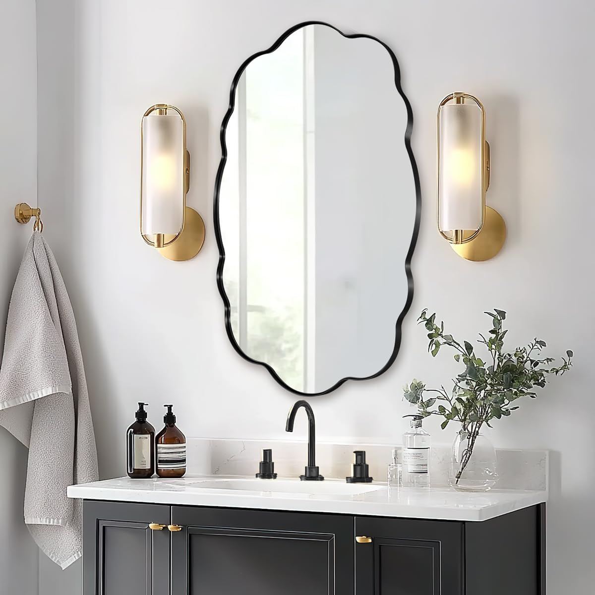 Contemporary Wavy Oval Scalloped Bathroom Vanity Mirror Irregular Decorative Mirror| Stainless Steel Framed