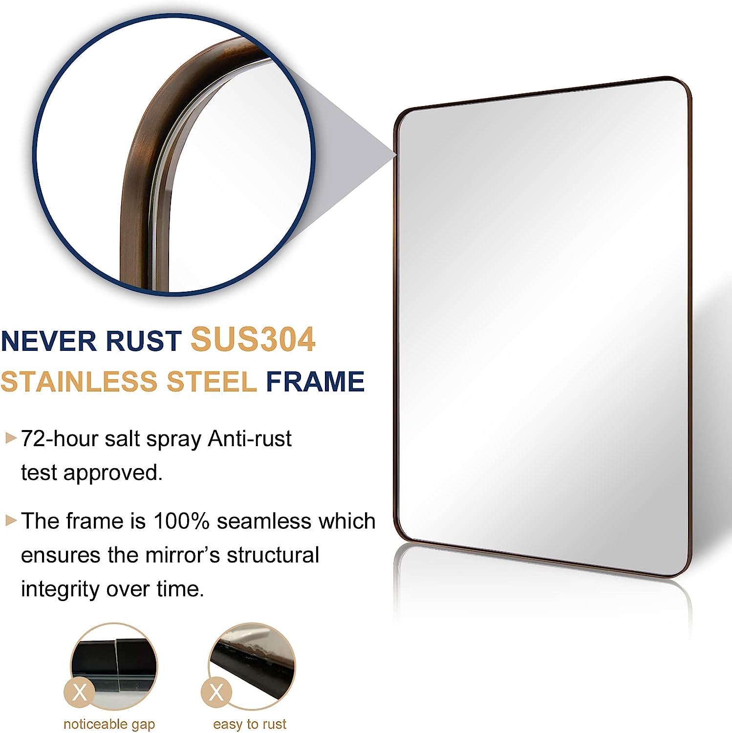 Modern Brushed Bronze Rounded Rectangle Bathroom/ Vanity Mirror| Stainless Steel Frame