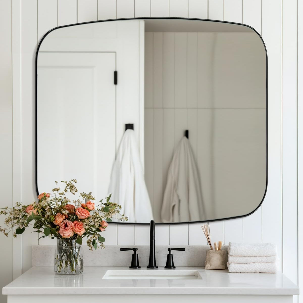 Modern Oblong Bathroom Mirror Long Oval Mirror | Stainless Steel Frame
