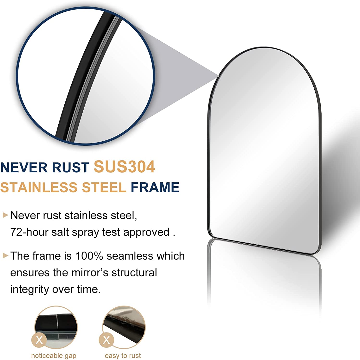 Contemporary Arched Bathroom Vanity Mirror | Stainless Steel Frame