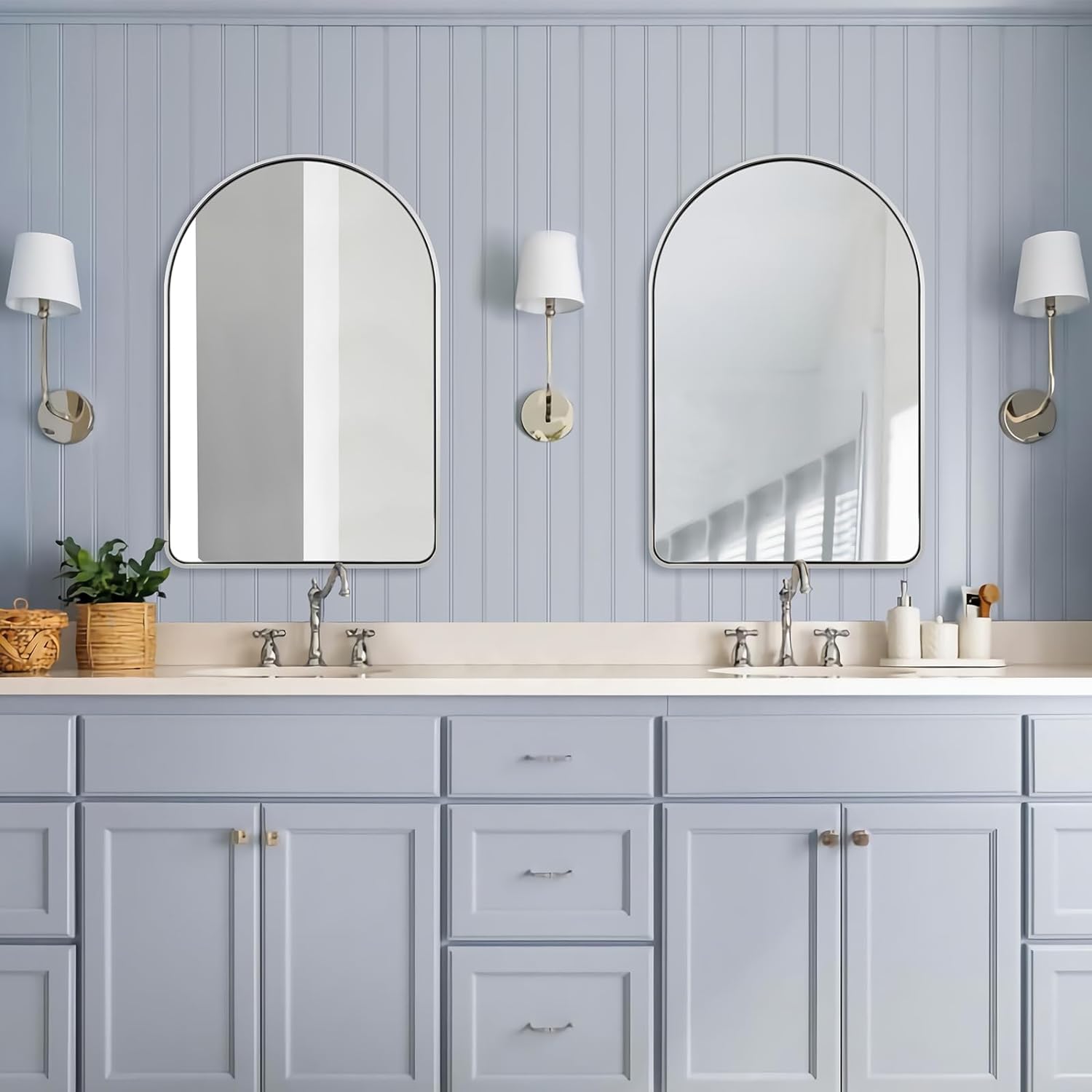 Contemporary Bold Stainless Steel Framed Arched Wall Mirrors for Bathroom, Living Room, Entry