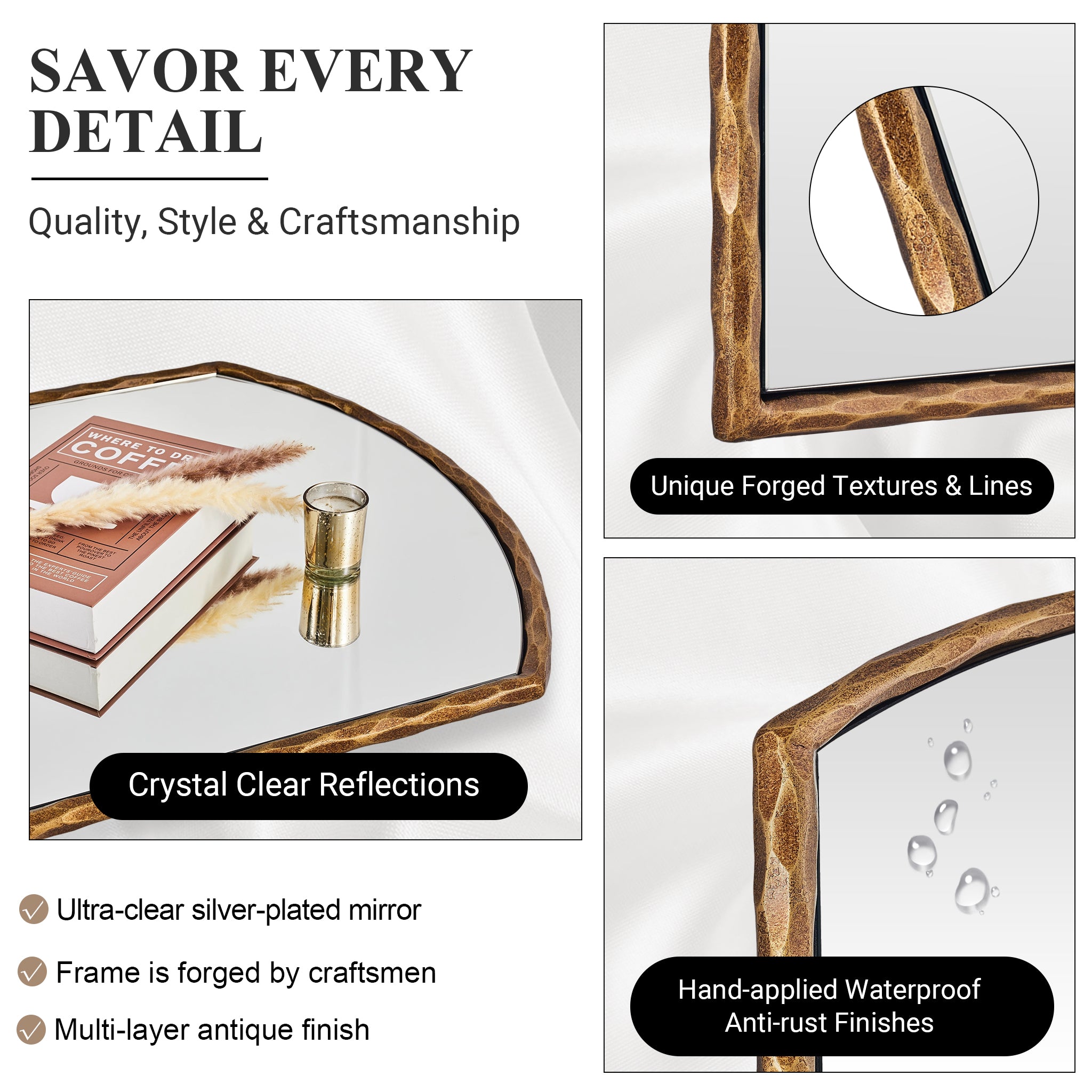 Vintage Hand-Forged Arched Mirror Hammered Wrought Iron Bathroom Mirror