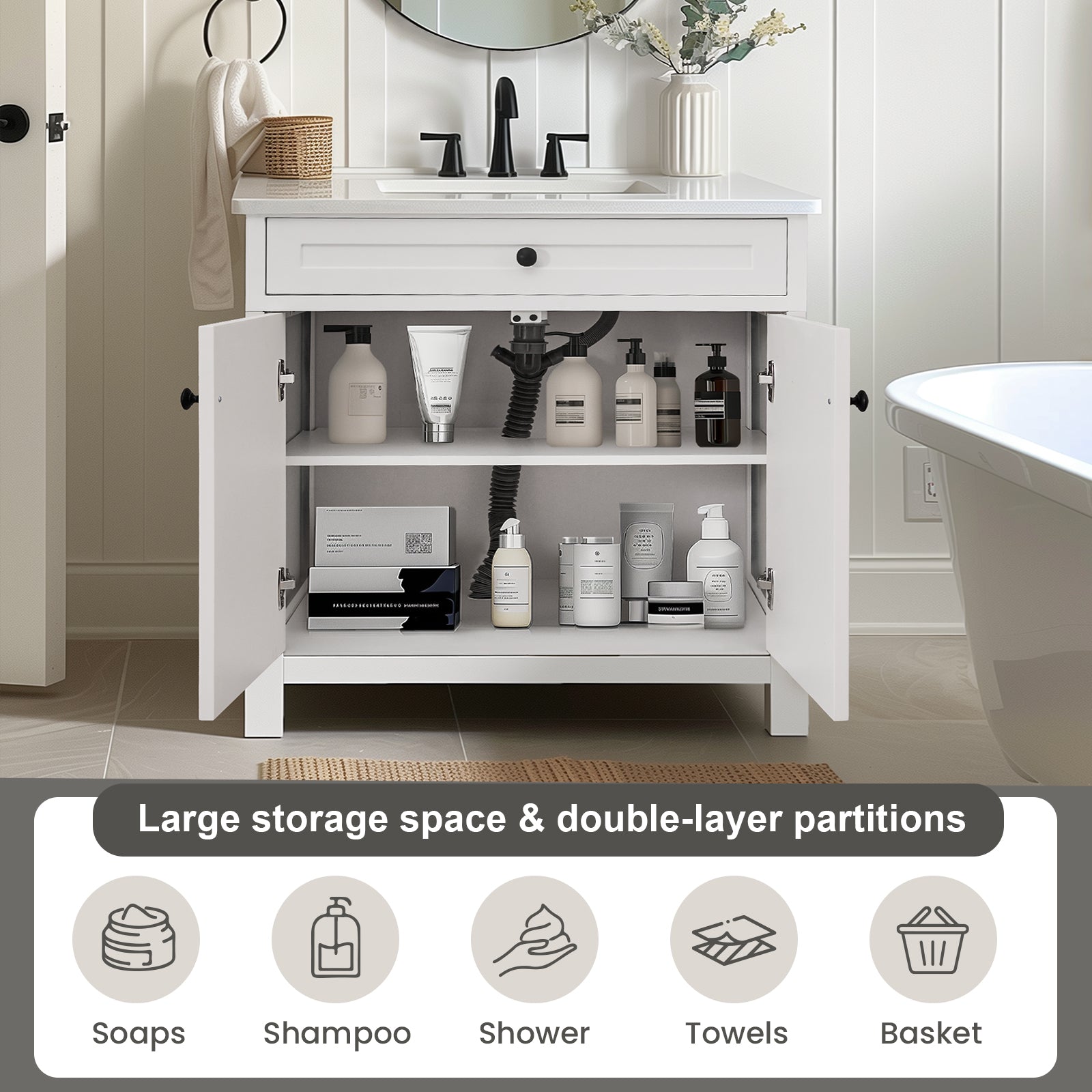 Modern Free Standing Single Bathroom Vanity Set with Stainless Steel Sinks Top