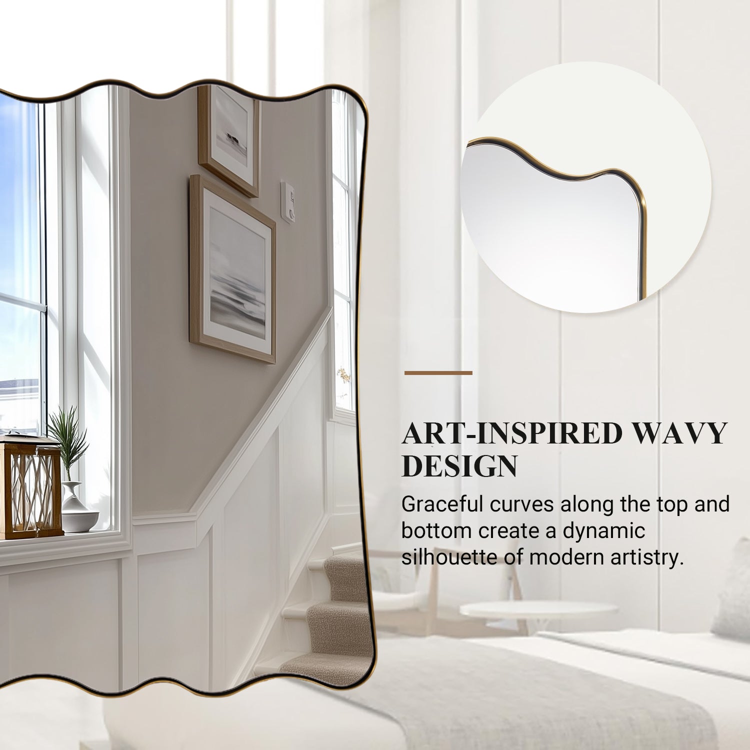 Contemporary Wavy Scalloped Rectangle Mirror Decorative Bathroom Mirror | Stainless Steel Frame