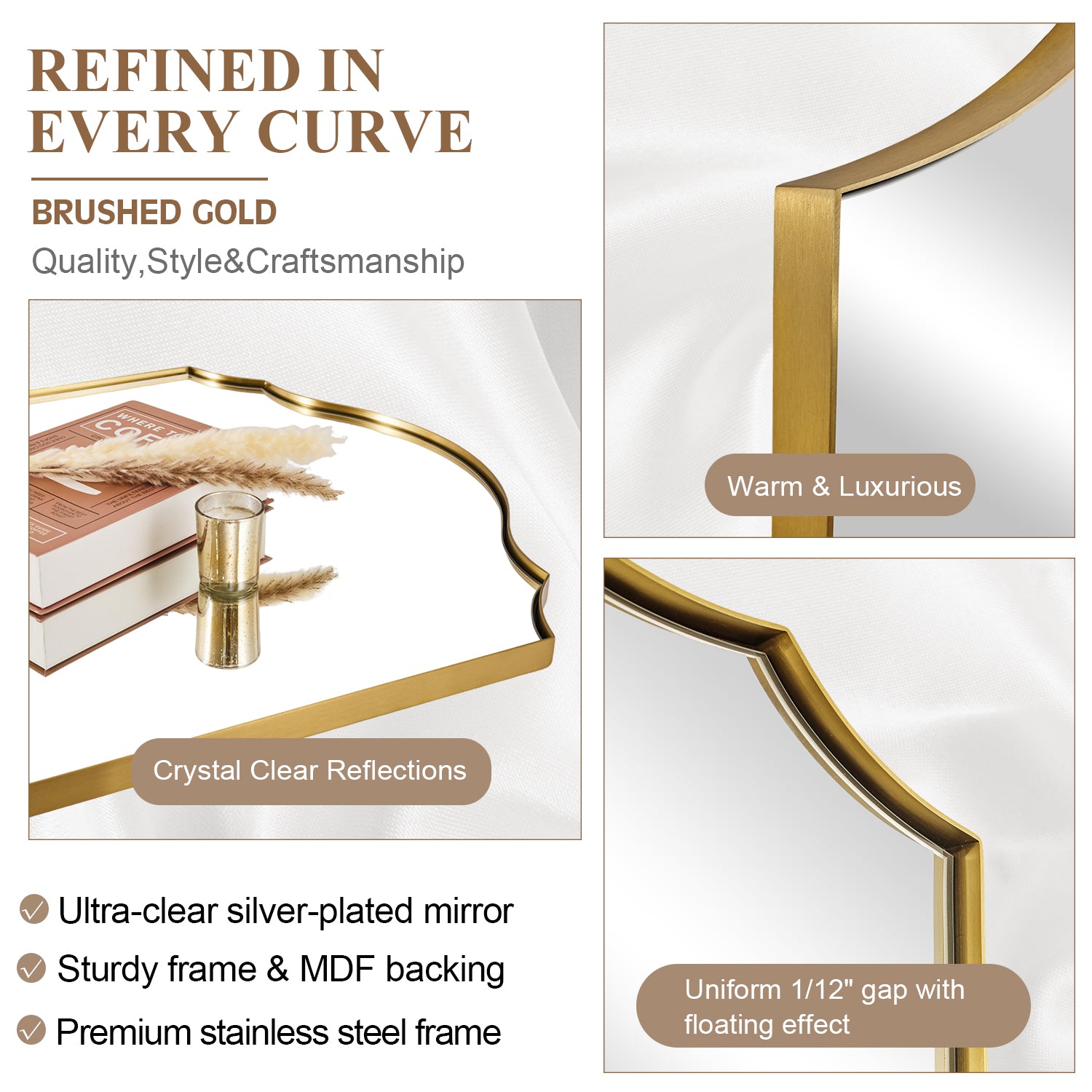 Contemporary Arched Curved Scalloped Mirror Bathroom Vanity Mirror | Stainless Steel Frame