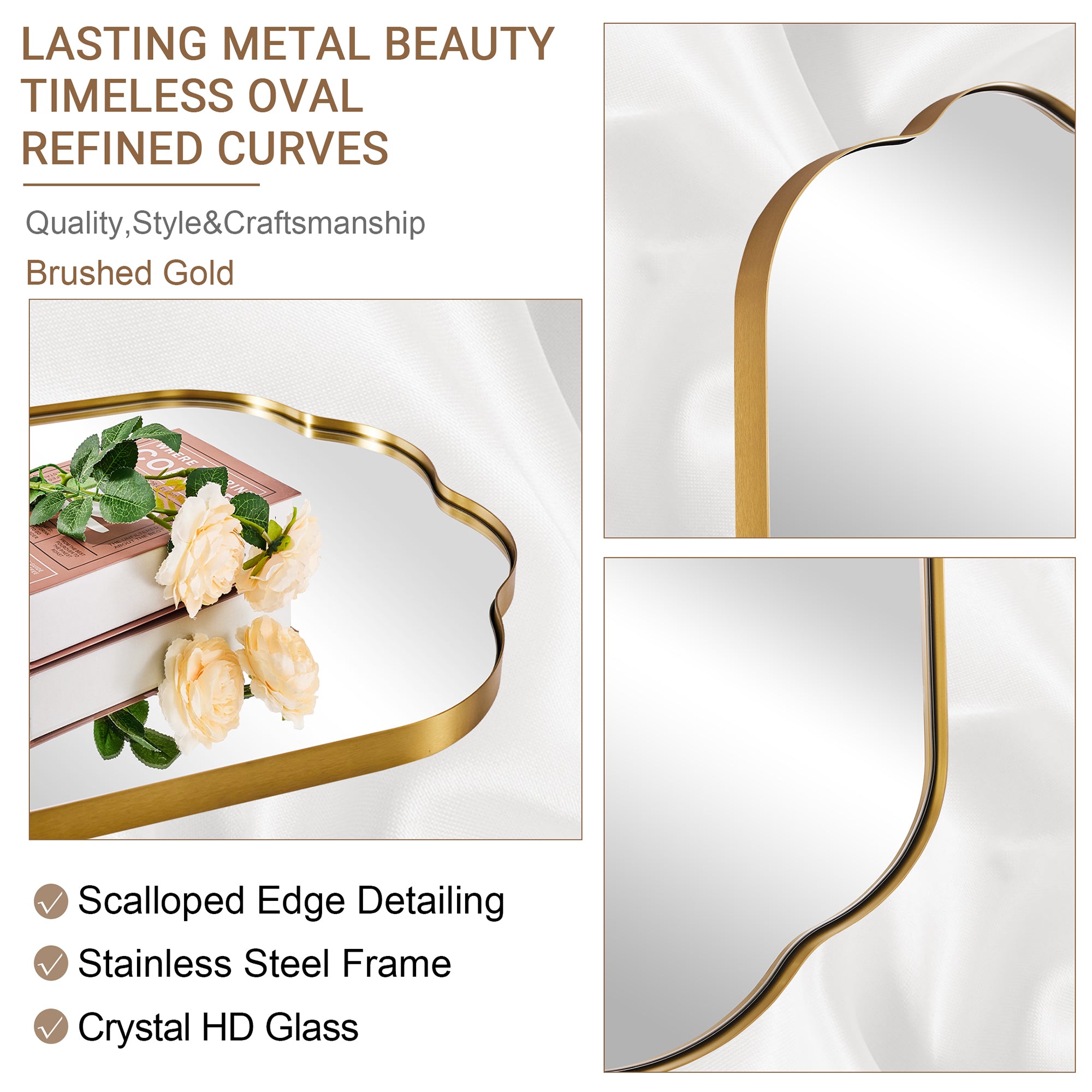 Contemporary Oval Scalloped Bathroom Vanity Wall Mirror| Stainless Steel Framed