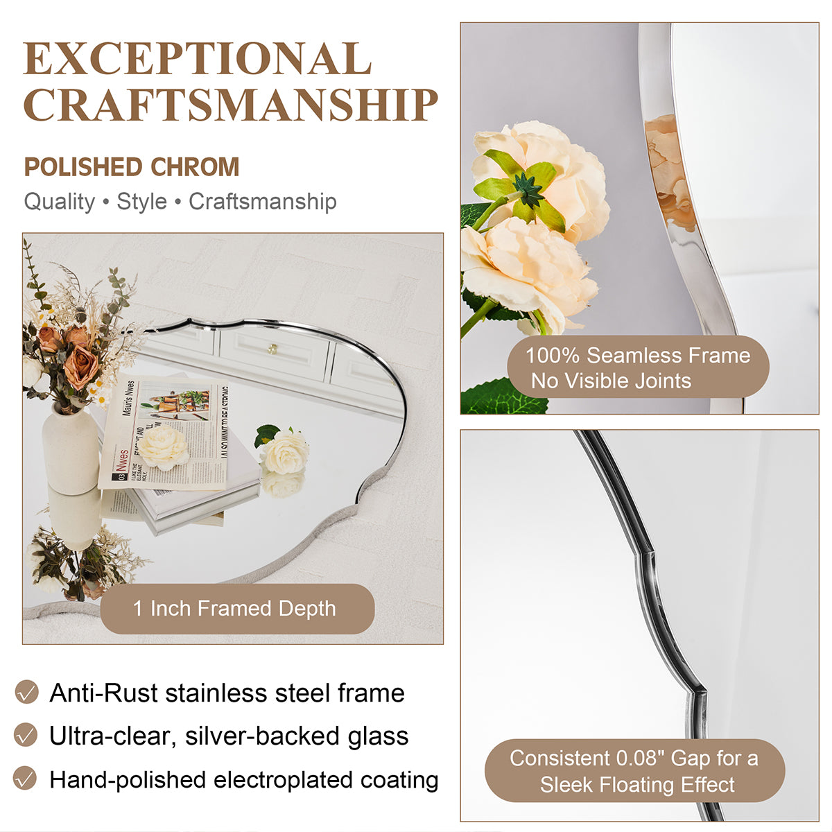 Contemporary Oval Scalloped Wall Mirror Irregular Bathroom Vanity Mirror| Stainless Steel Frame