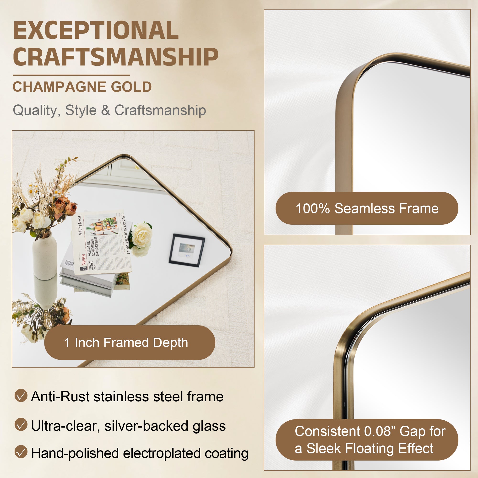 Modern Rounded Rectangle Mirror for Bathroom/ Vanity/ Wall | Stainless Steel Frame