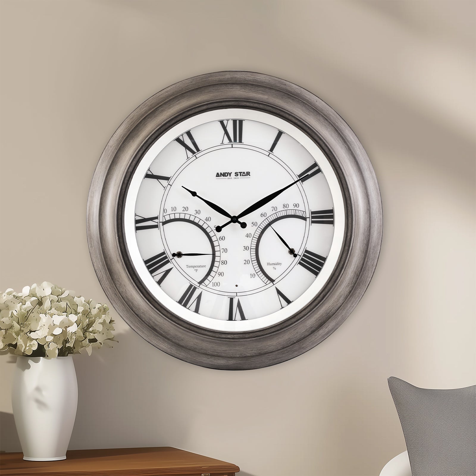 Oak Large Outdoor Wall Clock with Thermometer Waterproof Illuminated,24 Inch