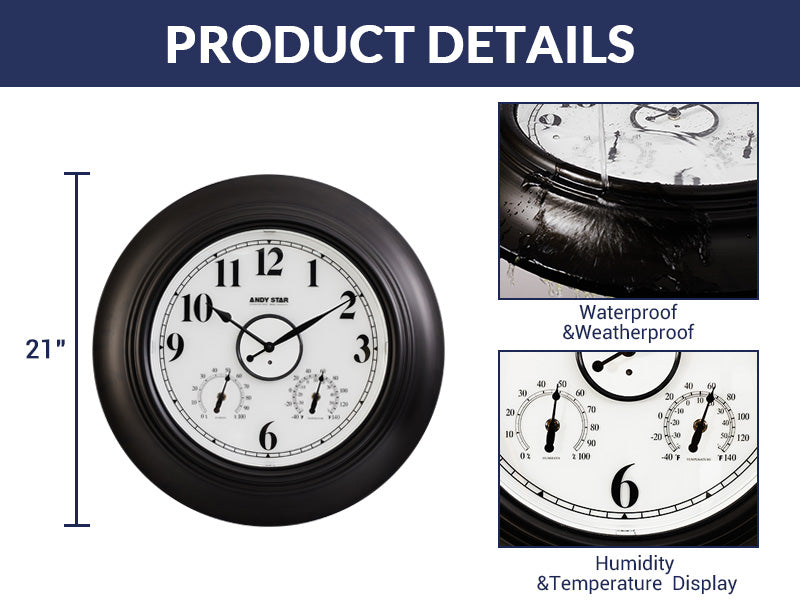 21 inch Black Contemporary Outdoor Clock with Thermometer Waterproof