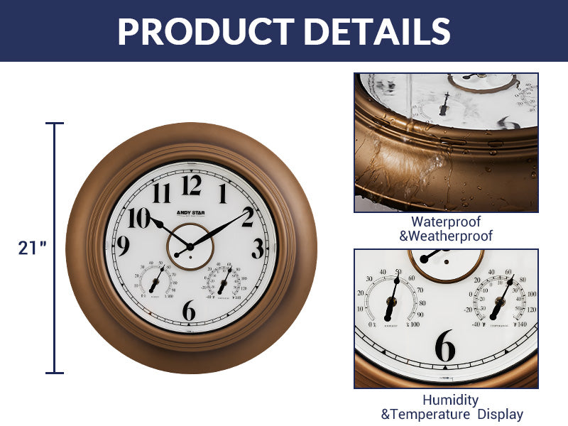 21 inch Bronze Waterproof Bathroom Wall Clock Illuminated Outdoor Clock with Thermometer