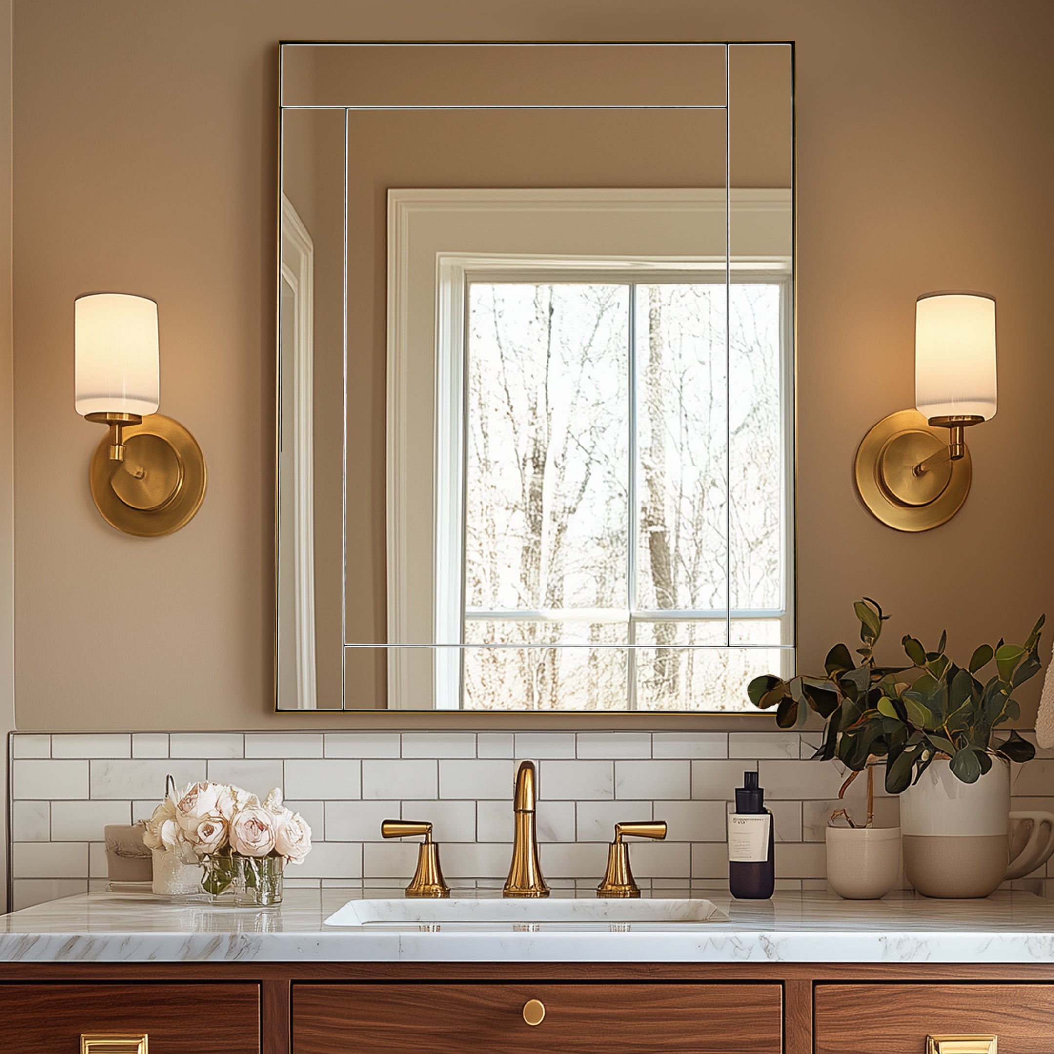 Contemporary Geometric Glass Tile Rectangular Bathroom Vanity Mirror | Stainless Steel Frame