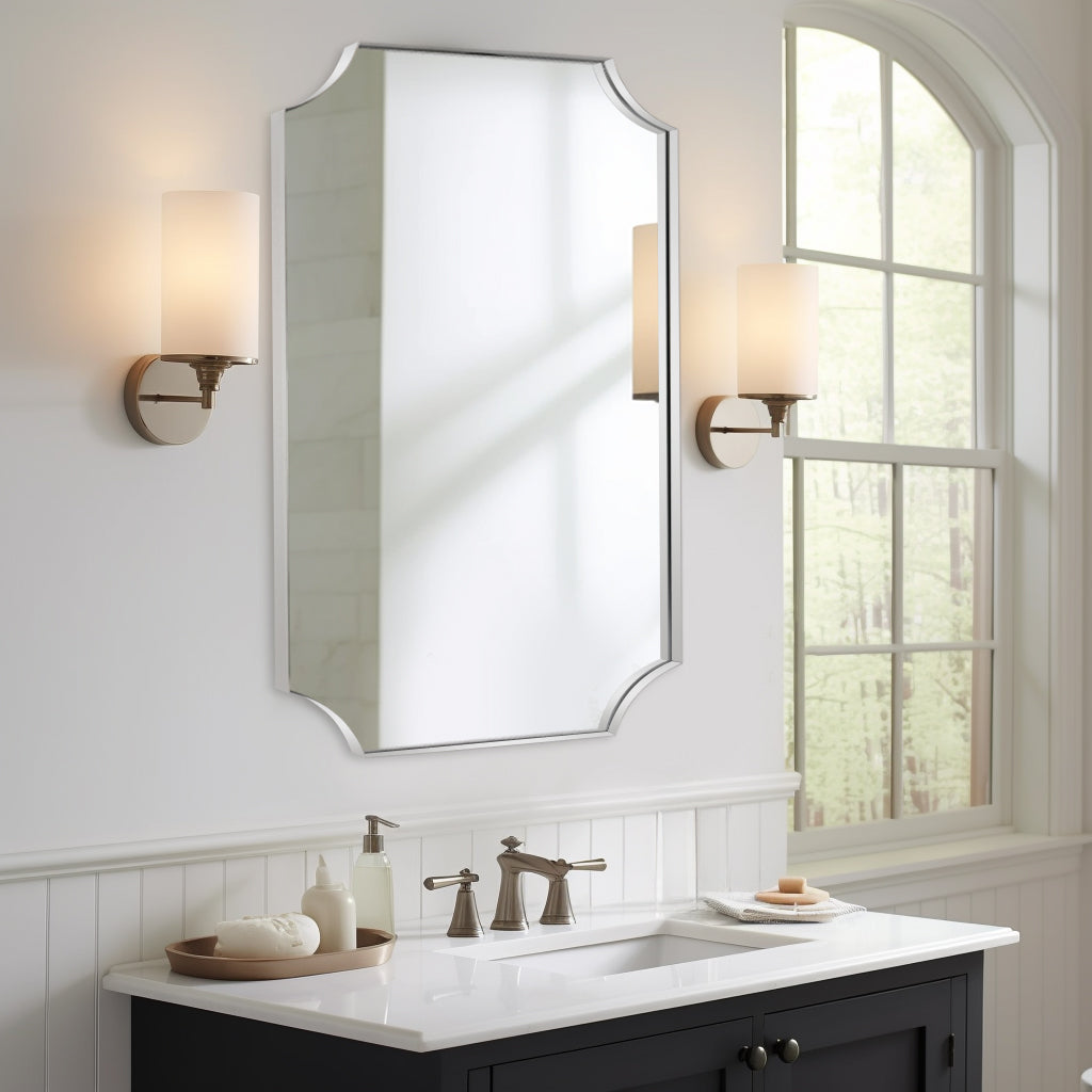 Contemporary Rounded Notched Corner Scalloped Rectangle Bathroom Vanity Mirror | Stainless Steel Frame