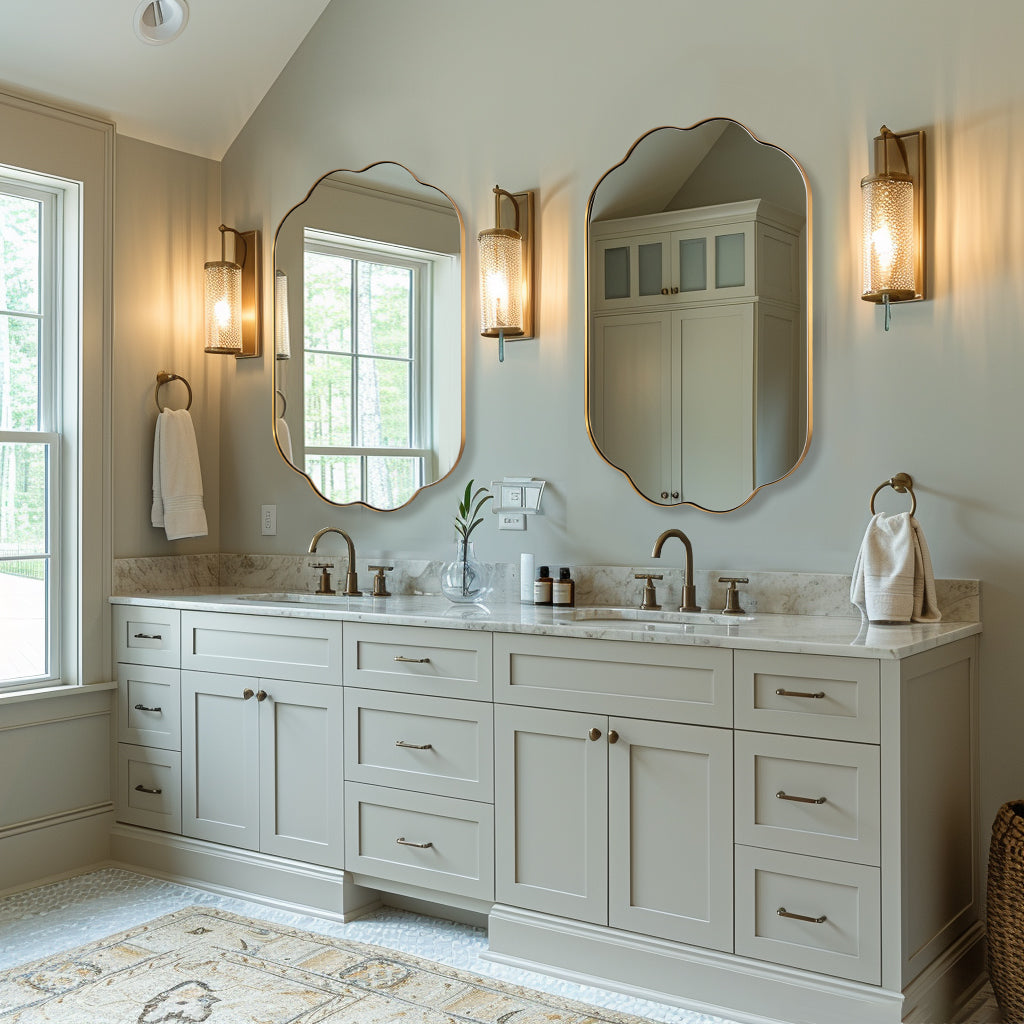 Contemporary Oval Scalloped Bathroom Vanity & Wall Mirror| Stainless Steel Framed