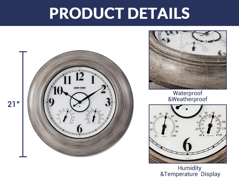 Oak 21 inch Illuminated Outdoor Clocks with Thermometer Weatherproof Waterproof