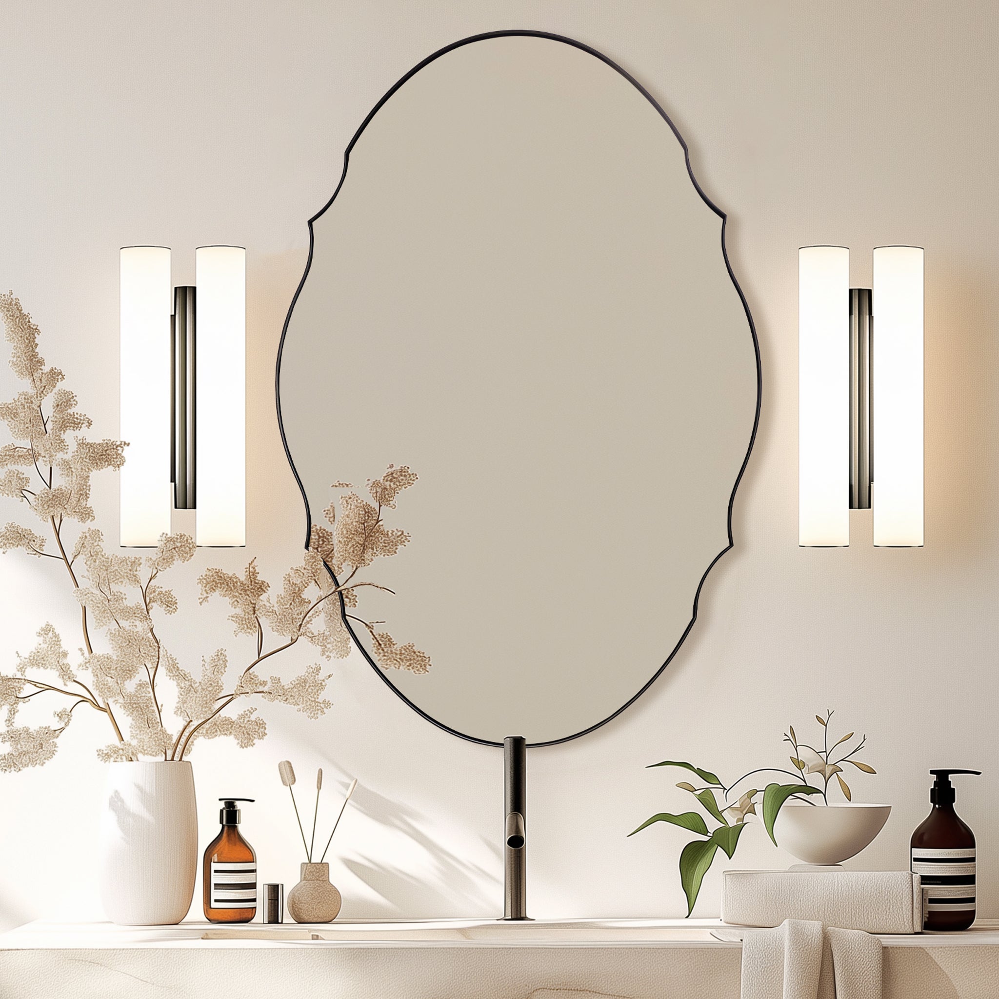 Contemporary Oval Scalloped Wall Mirror Irregular Bathroom Vanity Mirror| Stainless Steel Frame