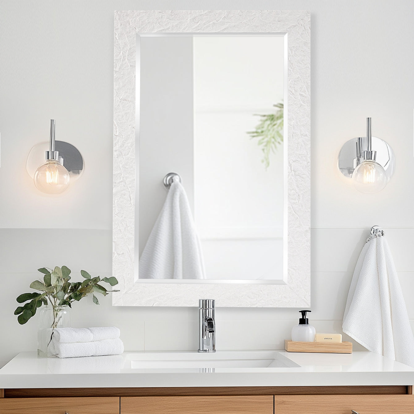 Contemporary White Plaster Thick Framed Rectangle Bathroom Mirror Decorative Beveled Mirror
