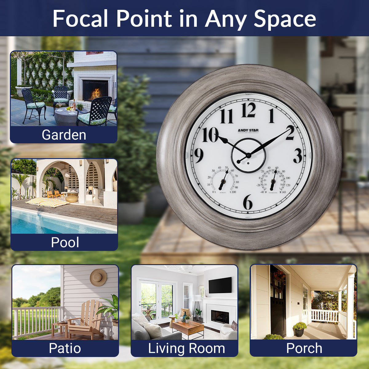 Contemporary Large Outdoor Wall Clock with Thermometer Weatherproof Illuminated ,21 Inch
