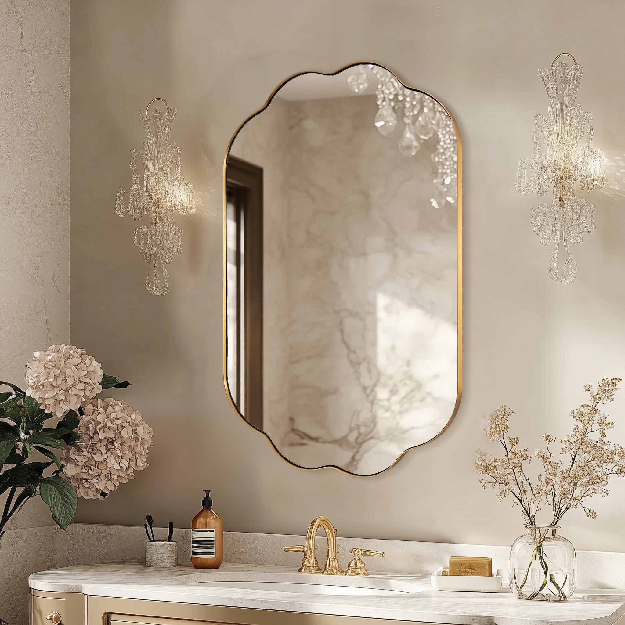 Contemporary Oval Scalloped Bathroom Vanity & Wall Mirror| Stainless Steel Framed