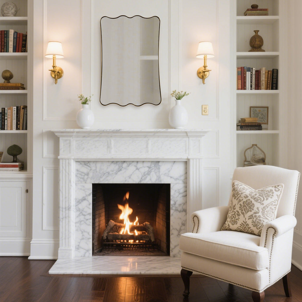 Contemporary Wavy Scalloped Rectangle Mirror Decorative Bathroom Mirror | Stainless Steel Frame