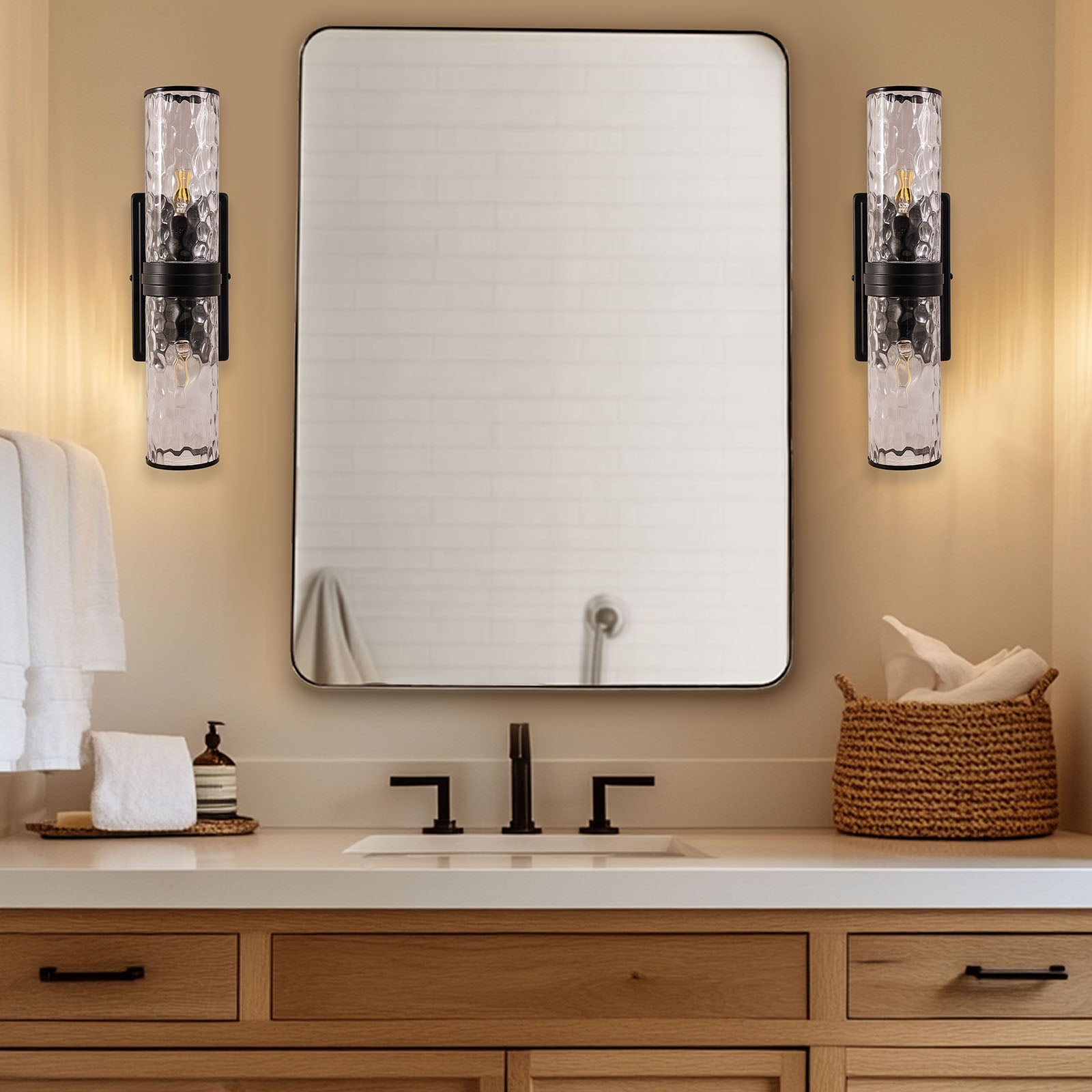 Elegant Hammer Glass Double-Cylinder Shade Wall Sconce Bathroom Light Fixture