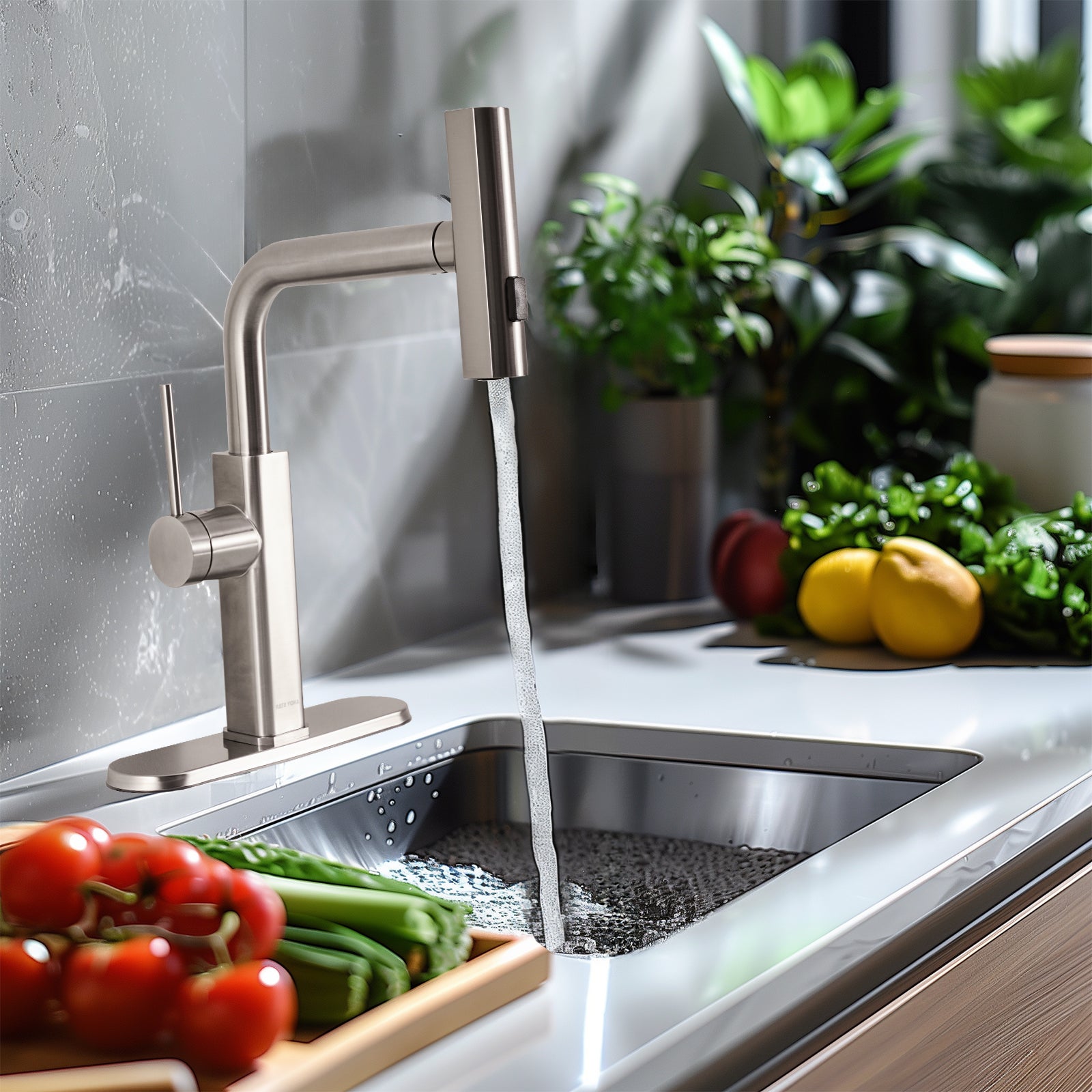 Modern Stainless Steel Single Hole Kitchen Faucet with Pull-Out Sprayer