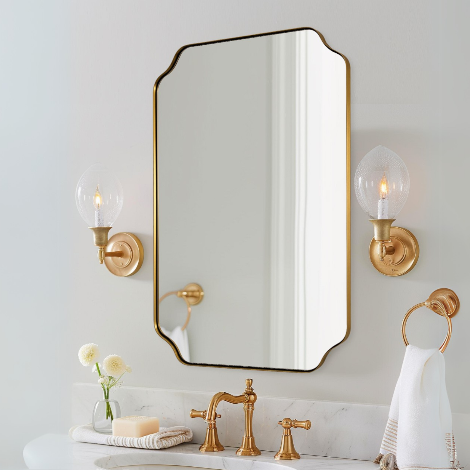 Contemporary Notched Corner Rectangle Scalloped Mirror for Wall /Bathroom | Stainless Steel Frame