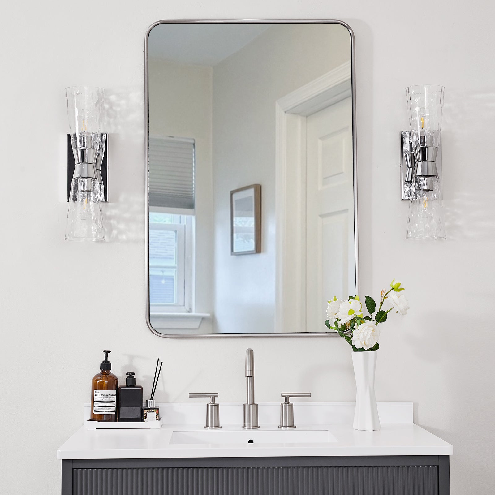 Contemporary Rounded Rectangular Bathroom Mirrors| Stainless Steel Thick Frame