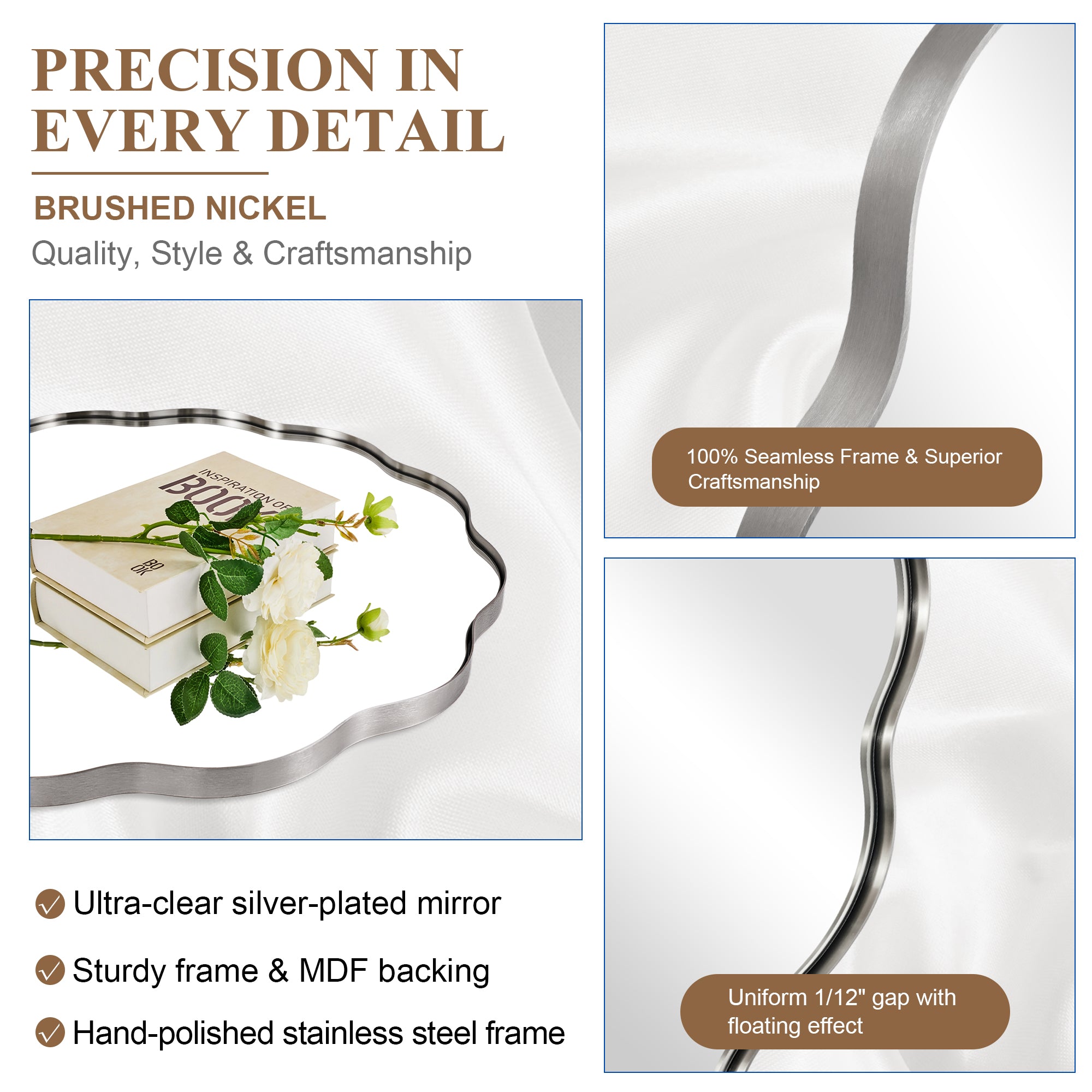 Contemporary Round Scalloped Mirror Wavy Circle Bathroom Vanity Mirror | Stainless Steel Frame