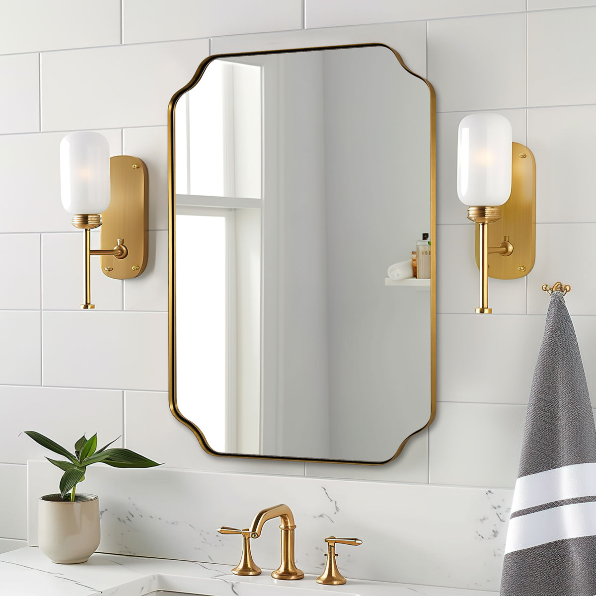 Contemporary Notched Corner Rectangle Scalloped Mirror for Wall /Bathroom | Stainless Steel Frame