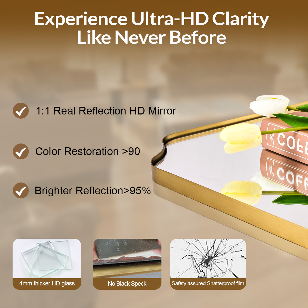 Contemporary Notched Corner Rectangle Scalloped Mirror for Wall /Bathroom | Stainless Steel Frame