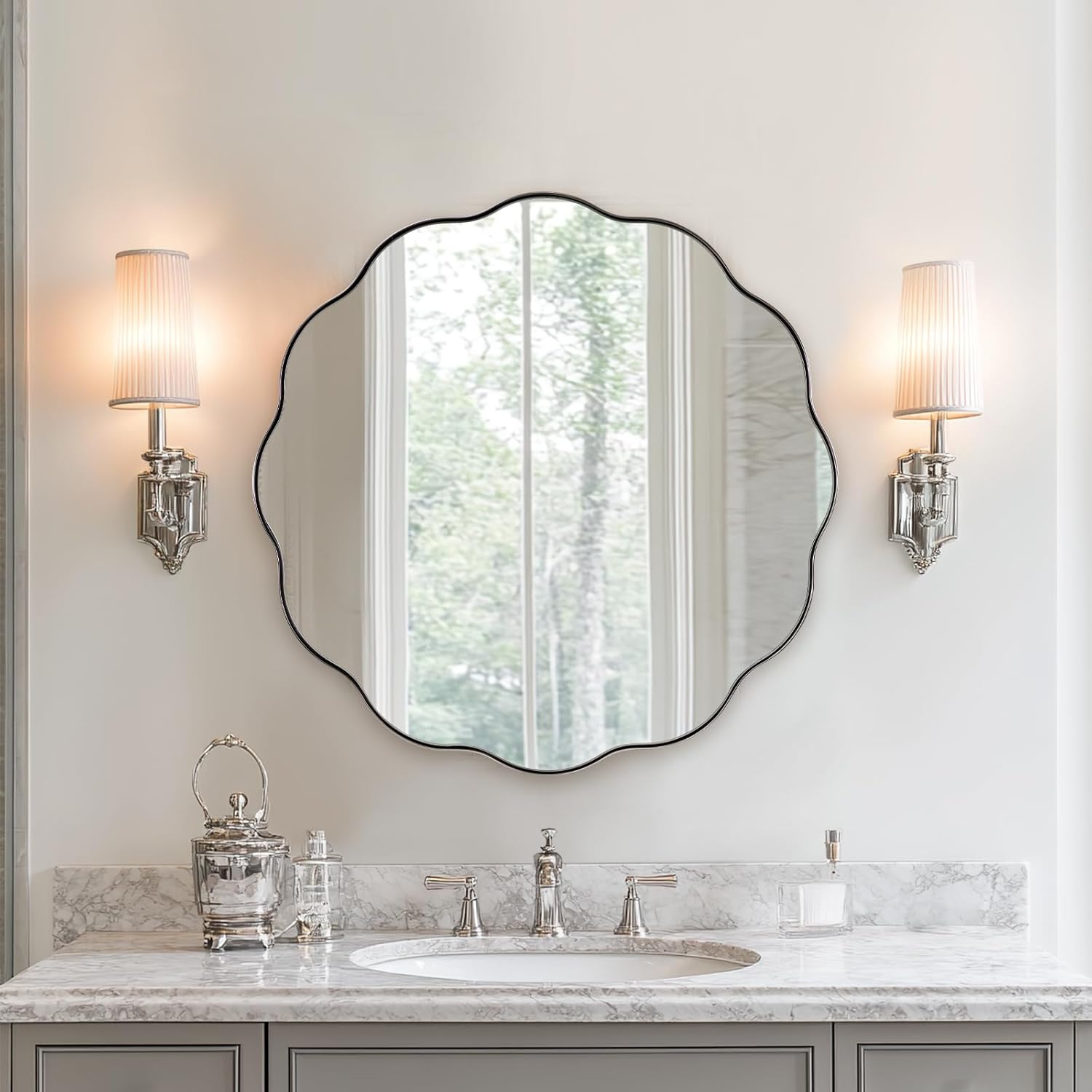 Contemporary Round Scalloped Mirror Wavy Circle Bathroom Vanity Mirror | Stainless Steel Frame